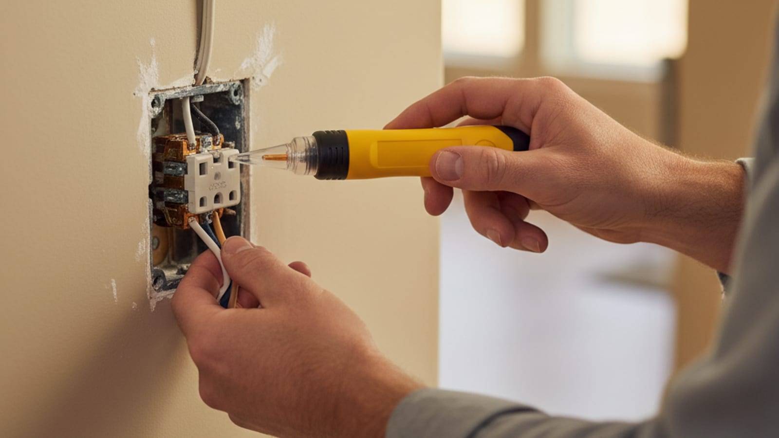 Homeowner's hands holding a non-contact voltage tester against a wall outlet with the faceplate removed
