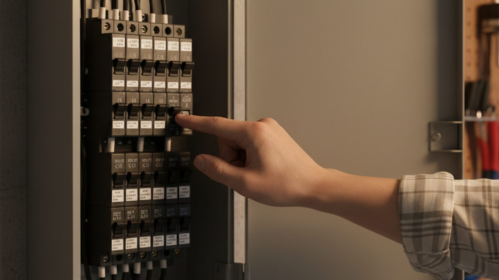 Close-up of a homeowner's hand reaching into an open residential electrical panel to flip a tripped circuit breaker