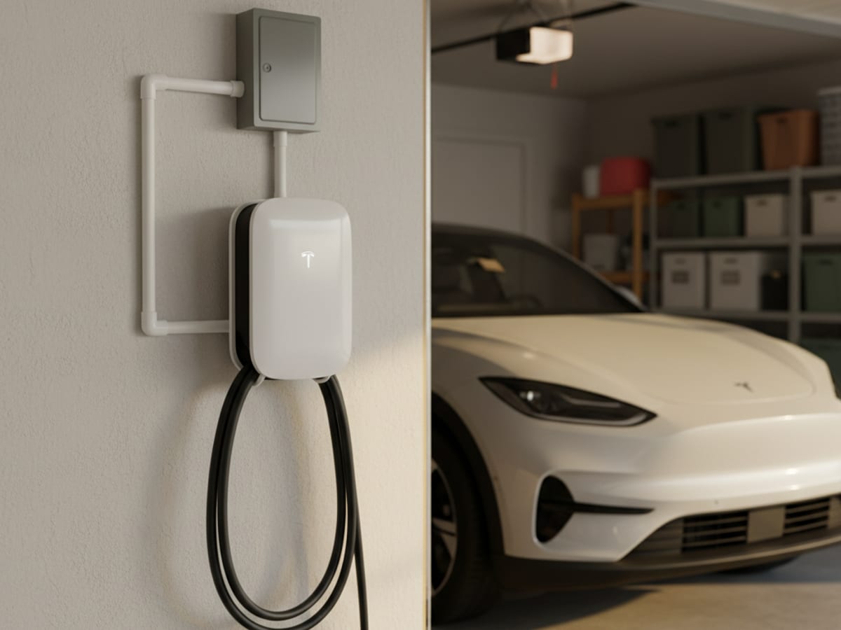 Wall-mounted Level 2 EV charger installed in a San Diego garage with neat conduit run