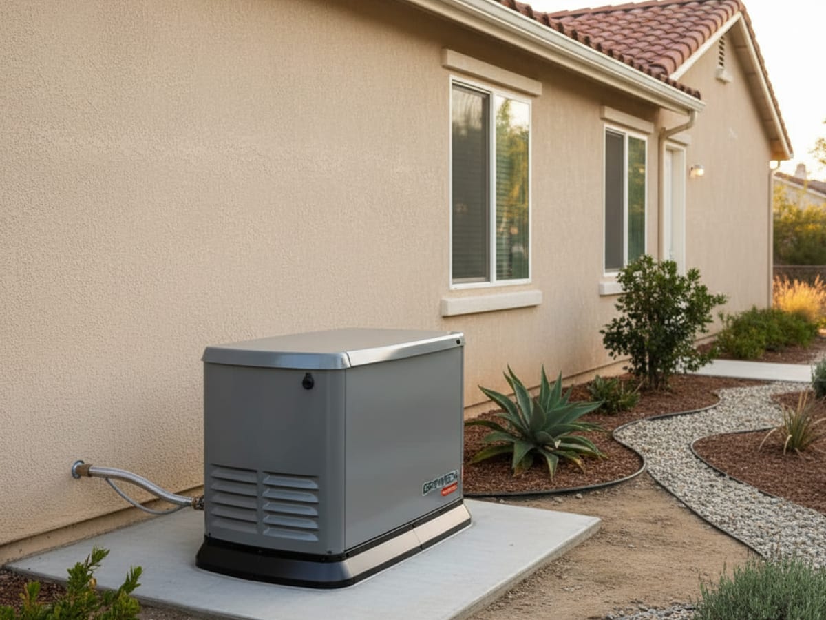 Whole-home standby generator installed beside a San Diego home with concrete pad and gas connection