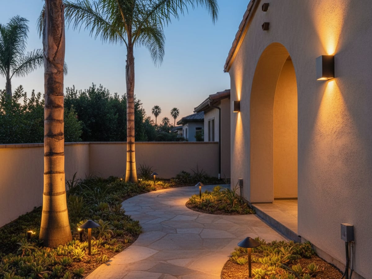 Low-voltage landscape lighting illuminating a San Diego front-yard pathway and palm trees at dusk