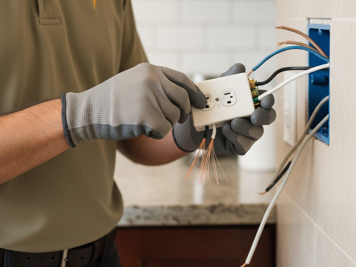 Electrician wiring a new GFCI outlet in a San Diego kitchen