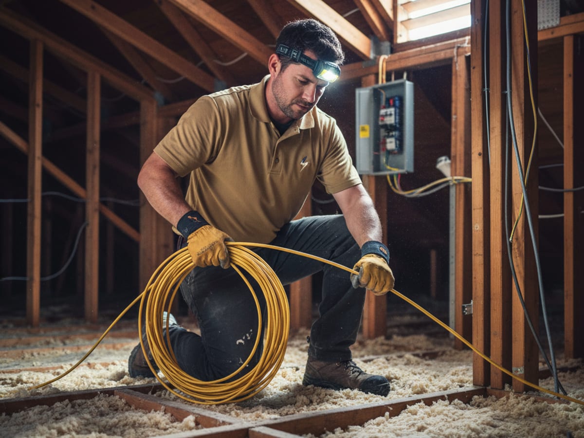Electrician pulling new Romex through an attic in a San Diego home rewire job